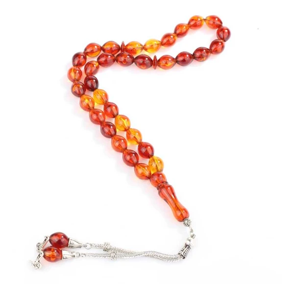 Badem Kesim Turuncu Renk Sıkma Kehribar Tesbih, Osmanlı Tuğrası Püskül ürün görseli 1