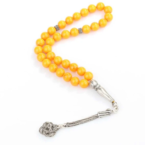 925 Ayar Gümüş Portakal Rengi Sıkma Kehribar Tesbih ürün görseli 1