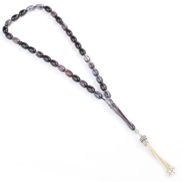 925 Ayar Gümüş Arpa Kesim Duman Rengi Sıkma Kehribar Tesbih - Resim 2