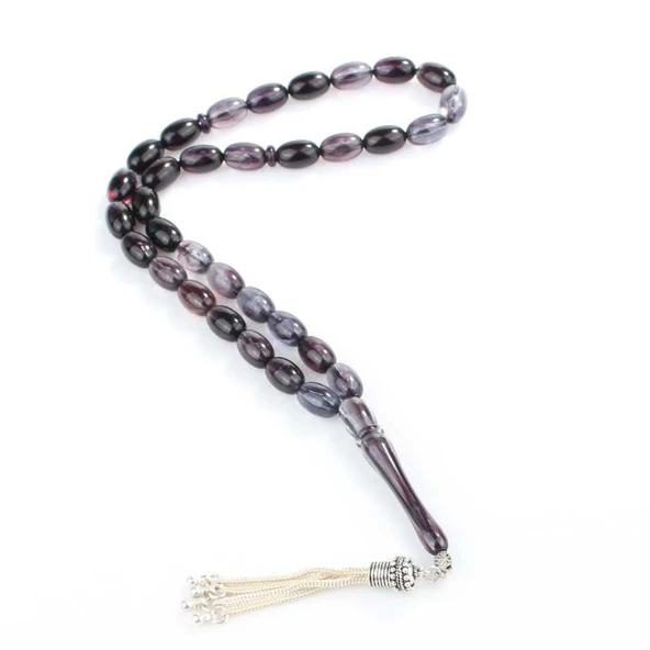 925 Ayar Gümüş Arpa Kesim Duman Rengi Sıkma Kehribar Tesbih ürün görseli