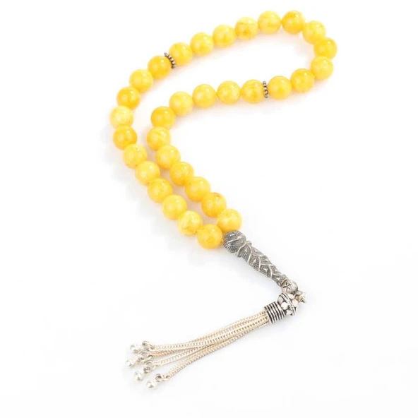 925 Ayar Gümüş Hardal Sarısı Sıkma Kehribar Tesbih ürün görseli