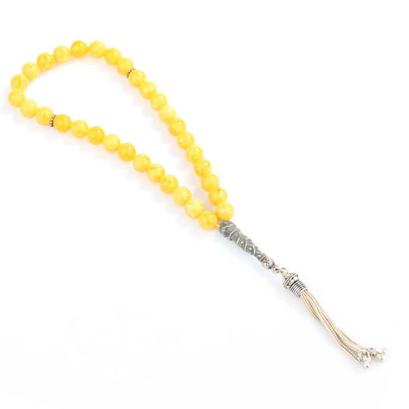 925 Ayar Gümüş Hardal Sarısı Sıkma Kehribar Tesbih - Resim 2