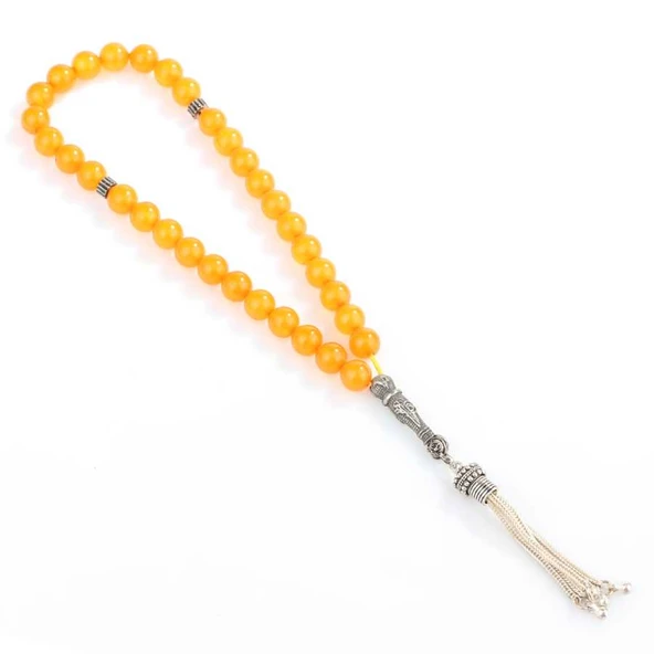 925 Ayar Gümüş Turuncu Renk Küre Kesim Osmanlı Tuğralı Sıkma Kehribar Tesbih - Resim 2