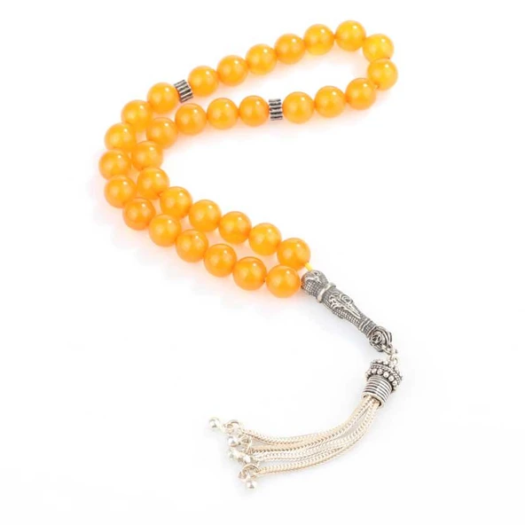 925 Ayar Gümüş Turuncu Renk Küre Kesim Osmanlı Tuğralı Sıkma Kehribar Tesbih ürün görseli 1