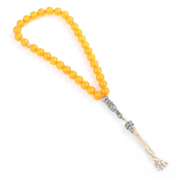 925 Ayar Gümüş Turuncu Renk Küre Kesim Osmanlı Arması Sıkma Kehribar Tesbih - Resim 2