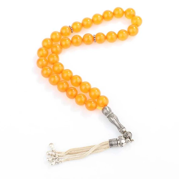 925 Ayar Gümüş Turuncu Renk Küre Kesim Sıkma Kehribar Tesbih ürün görseli 1