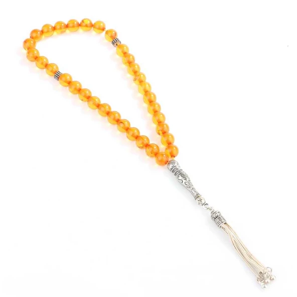 925 Ayar Gümüş Küre Kesim Turuncu Renk Sıkma Kehribar Tesbih - Resim 2