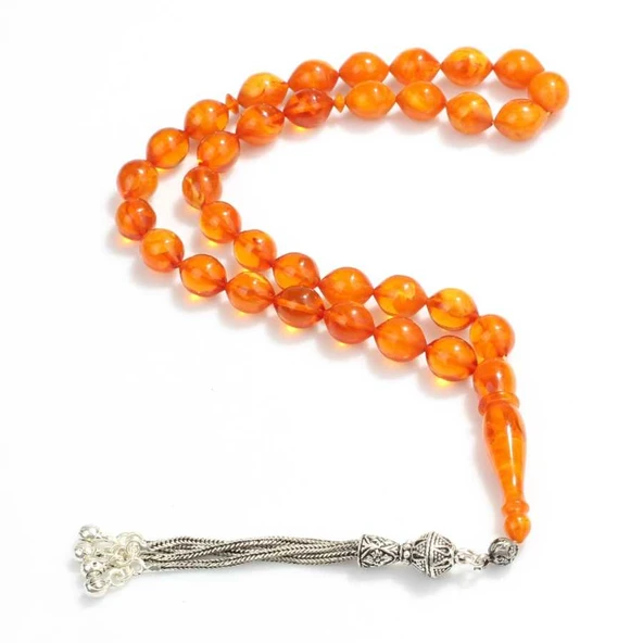 925 Ayar Gümüş Püsküllü Turuncu Renk Sıkma Kehribar Tesbih ürün görseli 1