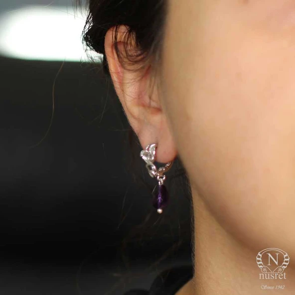 925 Ayar Gümüş Damla Ametist Küpe - Resim 6