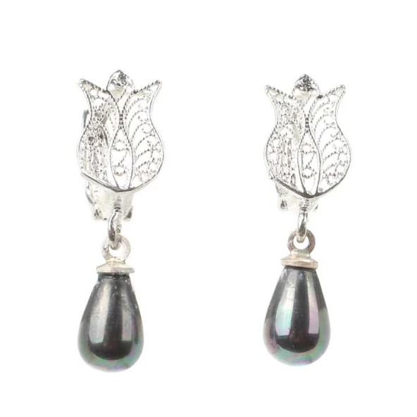 925 Ayar Gümüş Siyah Damla İnci Küpe ürün görseli 1