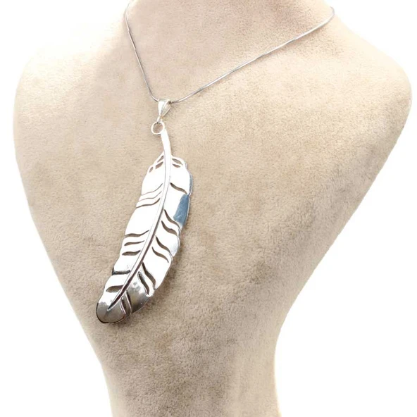 925 Ayar Gümüş Yılan Zincirli Büyük Yaprak Kolye - Resim 5