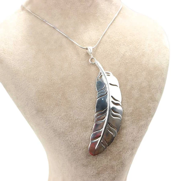 925 Ayar Gümüş Yılan Zincirli Büyük Yaprak Kolye - Resim 4