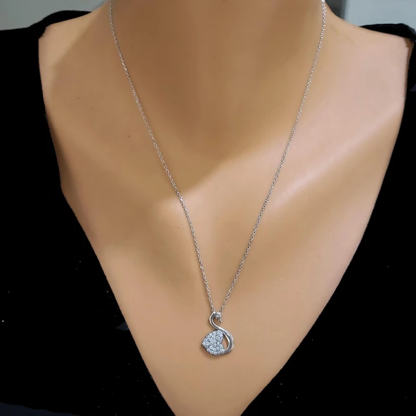 925 Ayar Gümüş Taşlı Kalp ve Kuğu Kolye ürün görseli