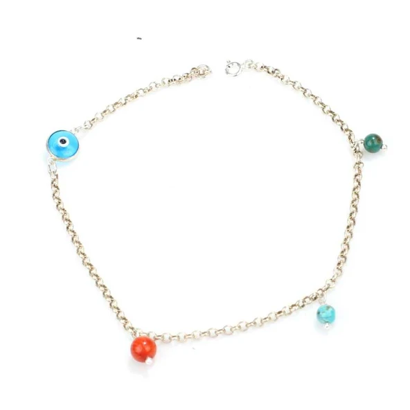 925 Ayar Gümüş Mercan, Turkuaz ve Cam Göz Halhal ürün görseli 1