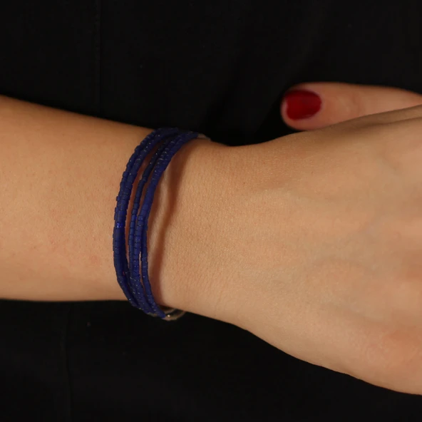 925 Ayar Gümüş 6 Sıra Lapis Taşlı Bileklik - Resim 4