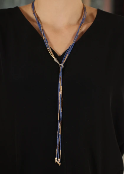 925 Ayar Gümüş 5 Sıra Lapis Taşlı Asansörlü Kolye ürün görseli