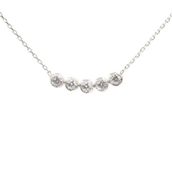 925 Ayar Gümüş 5 Sıra Suyolu Kolye, Beyaz Taşlı - Resim 2