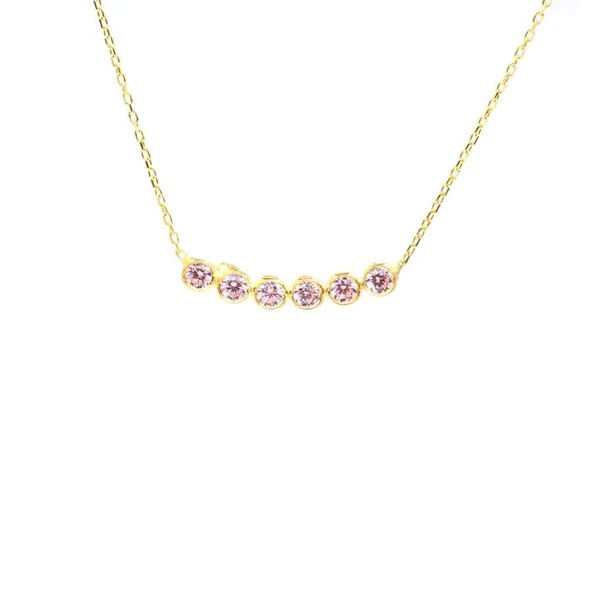 925 Ayar Gümüş 6 Sıra Suyolu Kolye, Pembe Kuvars Taşlı - Resim 2