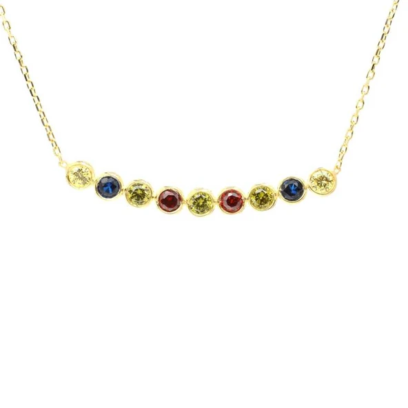 925 Ayar Gümüş 9 Sıra Suyolu Kolye, Renkli Taşlı ürün görseli 1