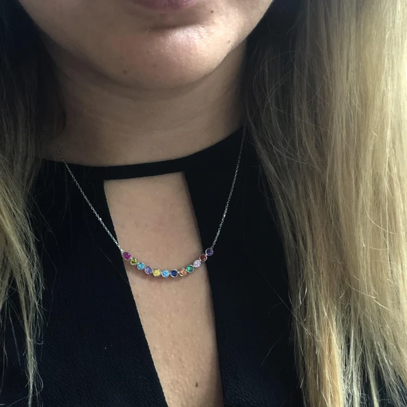 925 Ayar Gümüş Renkli Taşlı 12 Sıra Suyolu Kolye ürün görseli 1