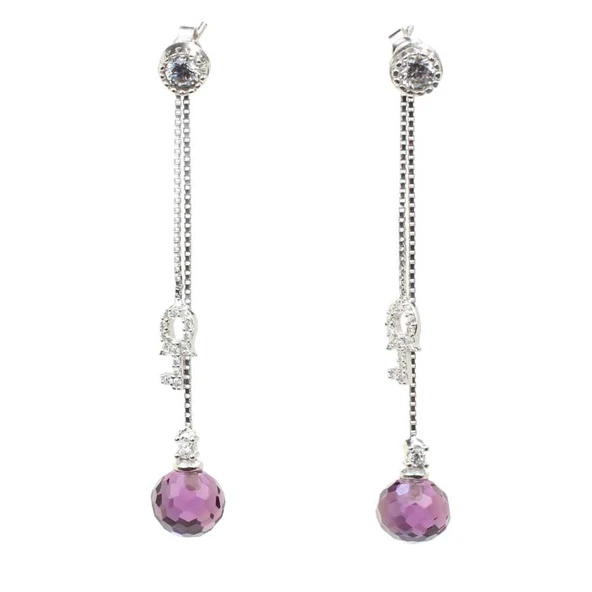 925 Ayar Gümüş Anahtar ve Ametist Taşlı Sallantılı Çivi Küpe ürün görseli