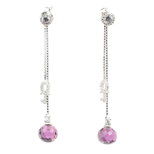 925 Ayar Gümüş Anahtar ve Ametist Taşlı Sallantılı Çivi Küpe - Resim 2