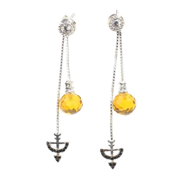 925 Ayar Gümüş Ok Yay ve Sitrin Taşlı Sallantılı Çivi Küpe - Resim 2