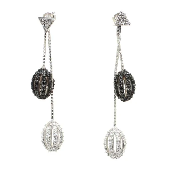 925 Ayar Gümüş Oval Zirkon Taşlı Top Sallantılı Çivi Küpe - Resim 2