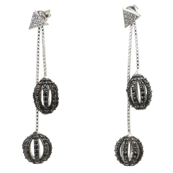 925 Ayar Gümüş Oval ve Yuvarlak Siyah Taşlı Top Sallantılı Çivi Küpe ürün görseli