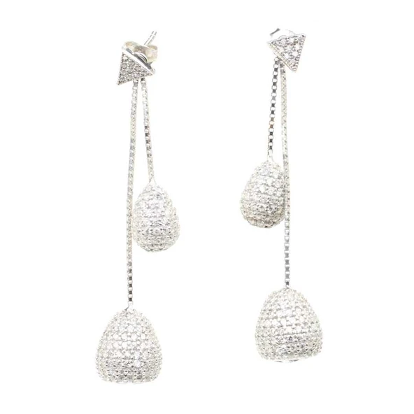 925 Ayar Gümüş Beyaz Zirkon Taşlı Oval Top Sallantılı Çivi Küpe - Resim 2