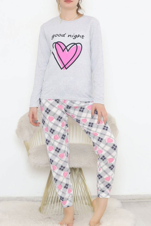 Baskılı Pijama Takımı Gri - 12056.1751