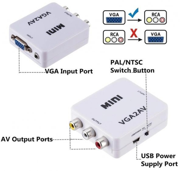 Vga To Av 3Rca Video 1080p Çevirici Dönüştürücü Adaptör 3.5mm Destekli - 6