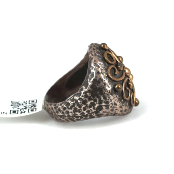 925 Ayar Gümüş ve Bronz Karışımı Desenli Yuvarlak Yüzük - Resim 4