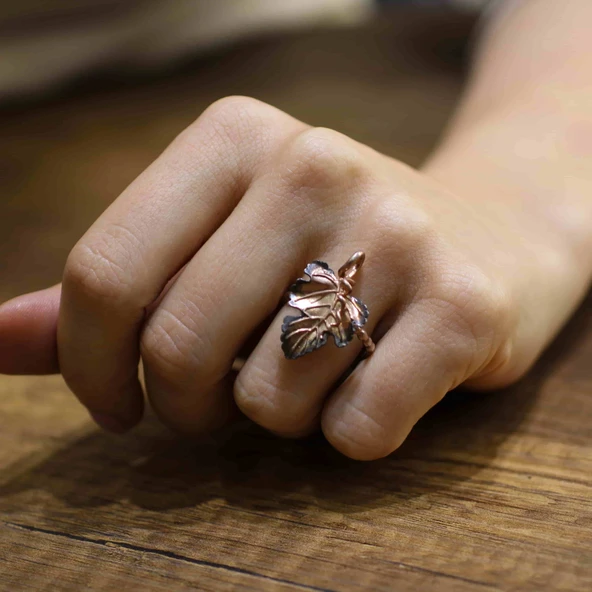 925 Ayar Rose Gümüş AsmaYaprağı Yüzük - Resim 2