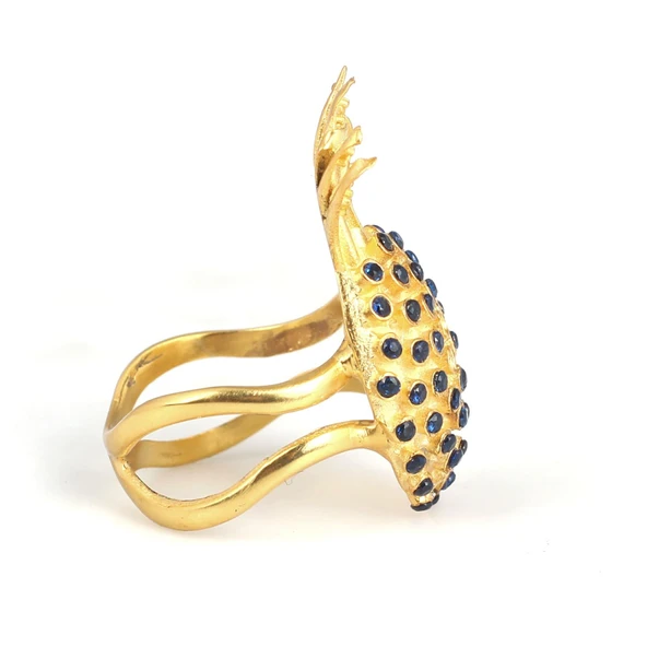 925 Ayar Gümüş Mavi Taşlı Altın Yaldızlı Ananas Yüzük - Resim 3