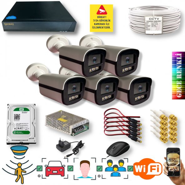 5 KAMERALI SET - GECE RENKLİ GÖSTEREN  5 MP SONY LENSLİ 1080P FULL HD GÜVENLİK KAMERASI SETİ 503W