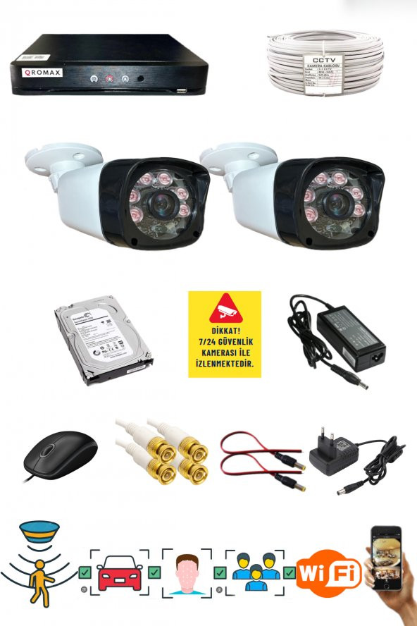 2 KAMERALI SET - Araç İnsan Yüz Hareket Algılayan 5MP SONY LENS 1080P GÜVENLİK KAMERASI SETİ 506SL-1