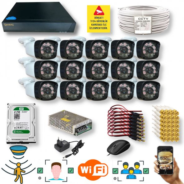 15 KAMERALI SET - İNSAN YÜZ VE HAREKET ALGILAYAN 1080P 5MP SONY LENS GÜVENLİK KAMERASI SETİ 506SL