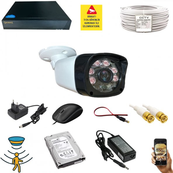 1 KAMERALI SET - HAREKET ALGILAYAN 1080P GECE GÖRÜŞLÜ 5MP SONY LENS GÜVENLİK KAMERASI SETİ 506SL