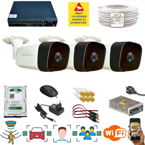 3 KAMERALI 1080P İNSAN YÜZ VE HAREKET ALGILAYAN METAL KASA 36 IR LED GÜVENLİK KAMERASI SETİ 5236