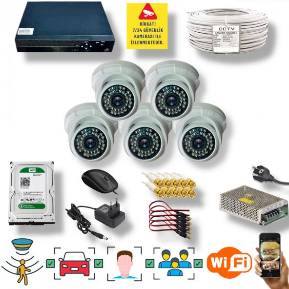 5 Kameralı Set - İnsan Yüz Hareket Algılayan 5MP Lens 36 IRLED 1080P İç Mekan Güvenlik Kamerası Seti D136B