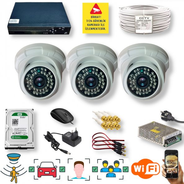 3 Kameralı Set - İnsan Yüz Hareket Algılayan 5MP Lens 36 IRLED 1080P İç Mekan Güvenlik Kamerası Seti D136B - 1
