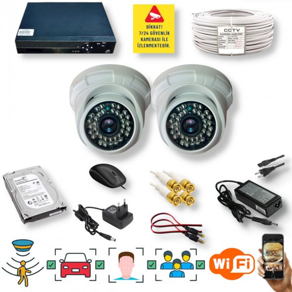 2 Kameralı Set - İnsan Yüz Hareket Algılayan 5MP Lens 36 IRLED 1080P İç Mekan Güvenlik Kamerası Seti D136B - 1