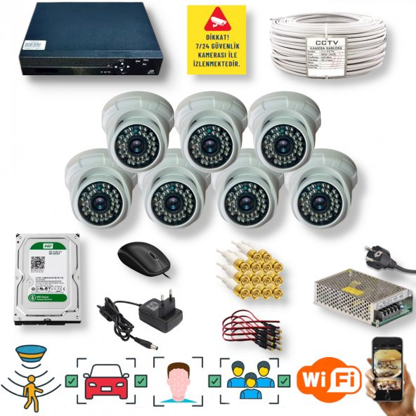 7 Kameralı Set - İnsan Yüz Hareket Algılayan 5MP Lens 36 IRLED 1080P İç Mekan Güvenlik Kamerası Seti D136B - 1