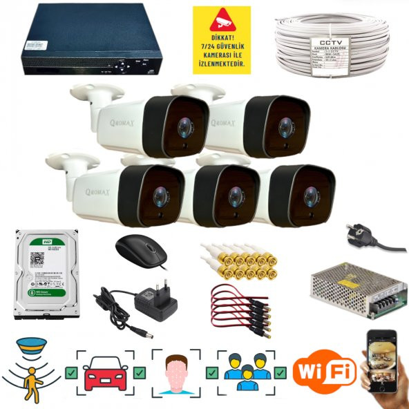 5 KAMERALI 1080P İNSAN YÜZ VE HAREKET ALGILAYAN METAL KASA 36 IR LED GÜVENLİK KAMERASI SETİ 5236 - 1