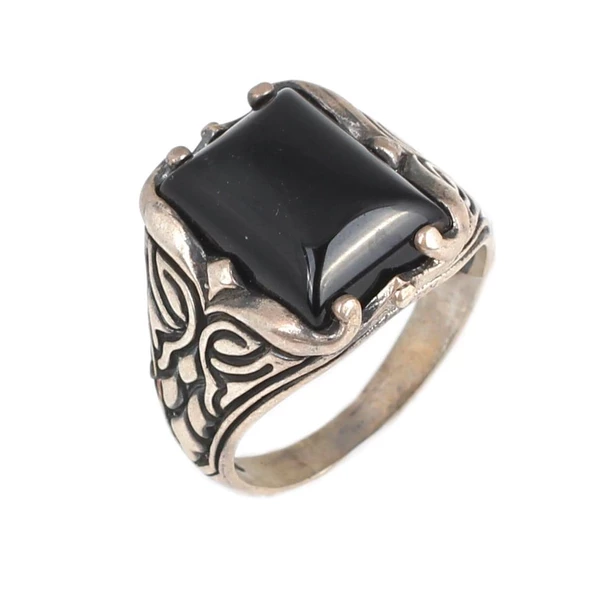 925 Ayar Gümüş Dikdörtgen Onyx Taşlı Erkek Yüzük ürün görseli 1