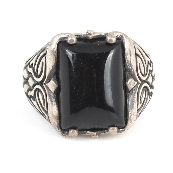 925 Ayar Gümüş Dikdörtgen Onyx Taşlı Erkek Yüzük - Resim 4