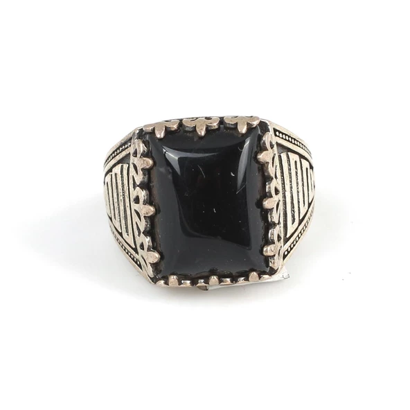 925 Ayar Gümüş Dikdörtgen Onix Taşlı Erkek Yüzük - Resim 2