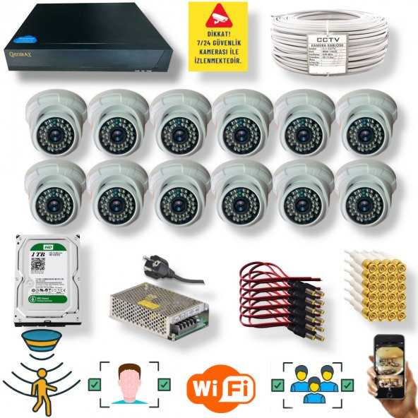 12 Kameralı Set- İnsan Yüz Hareket Algılayan 5MP Lens 36 IRLED 1080P İç Mekan Güvenlik Kamerası Seti D136B - 1