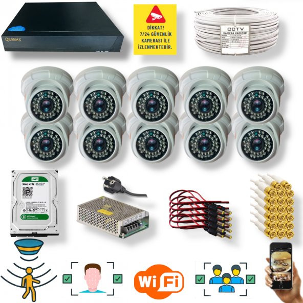 10 Kameralı Set- İnsan Yüz Hareket Algılayan 5MP Lens 36 IRLED 1080P İç Mekan Güvenlik Kamerası Seti D136B - 1